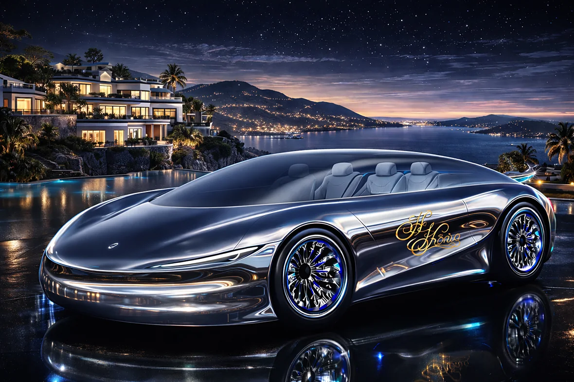 The AVIS eCar at night, a bespoke printed limousine